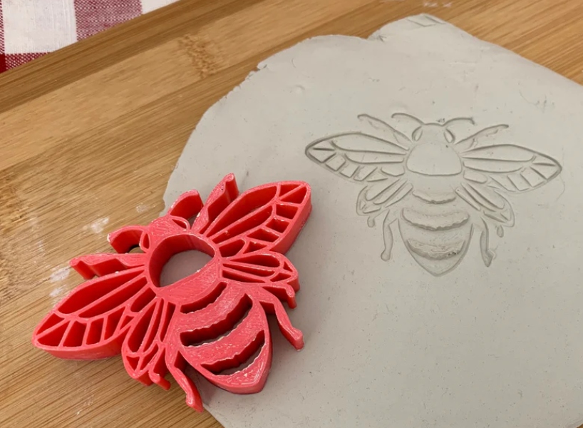 Bee 1 design - plastic 3D pottery stamp or stencil w/ optional cutter