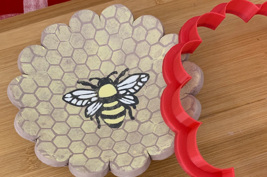 Bee 1 design - plastic 3D pottery stamp or stencil w/ optional cutter