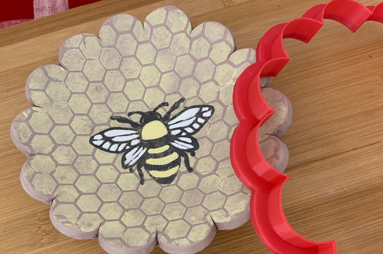 Bee 1 design - plastic 3D pottery stamp or stencil w/ optional cutter