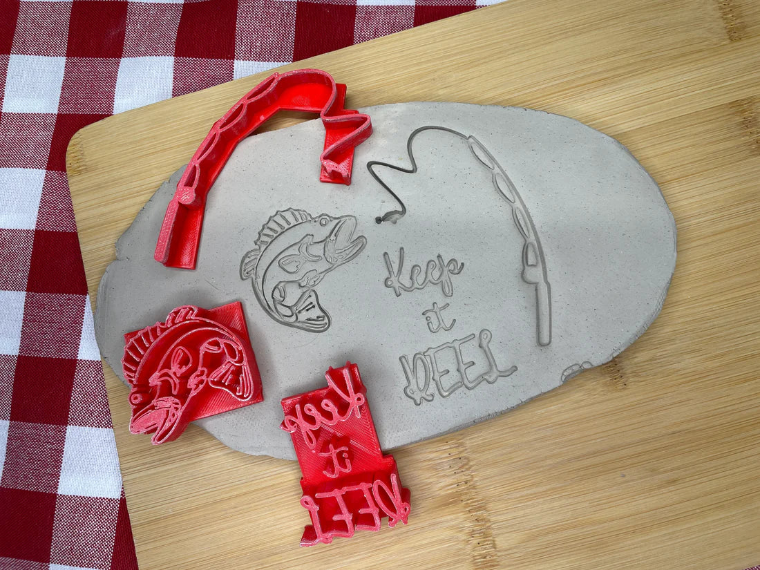 Fishing Pole, Bass Fish and "Keep it Reel" word stamp (set of 3)