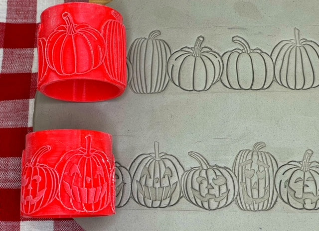 Pumpkin or Jack-o-Lantern Pottery Roller Set, Repeating pattern, 2 designs