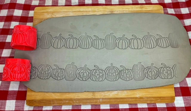 Pumpkin or Jack-o-Lantern Pottery Roller Set, Repeating pattern, 2 designs