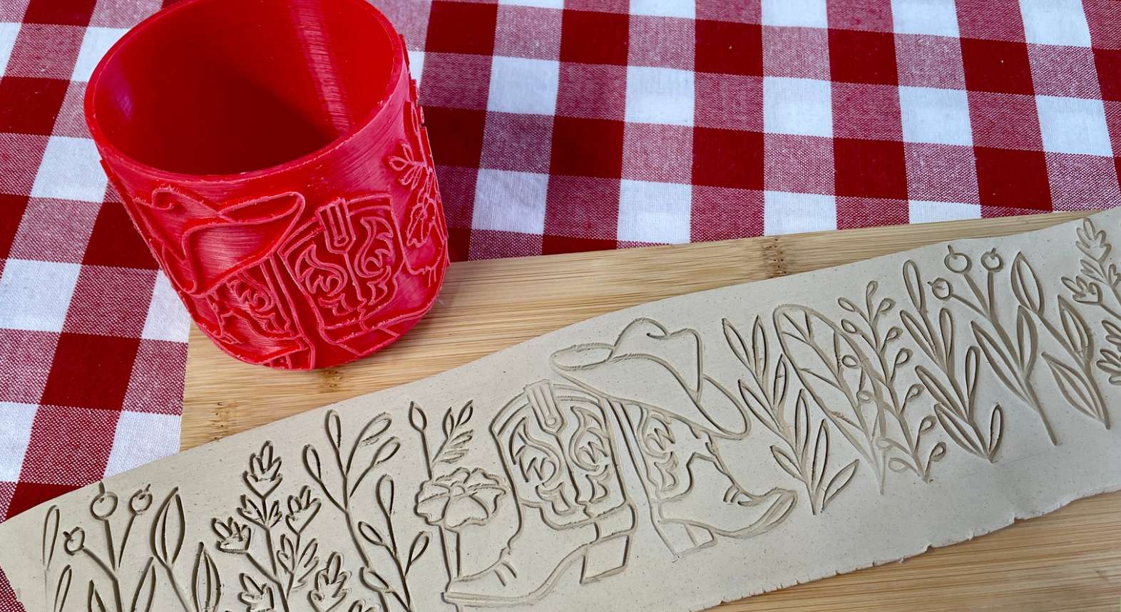 Boots and Wildflowers pattern textured pottery roller