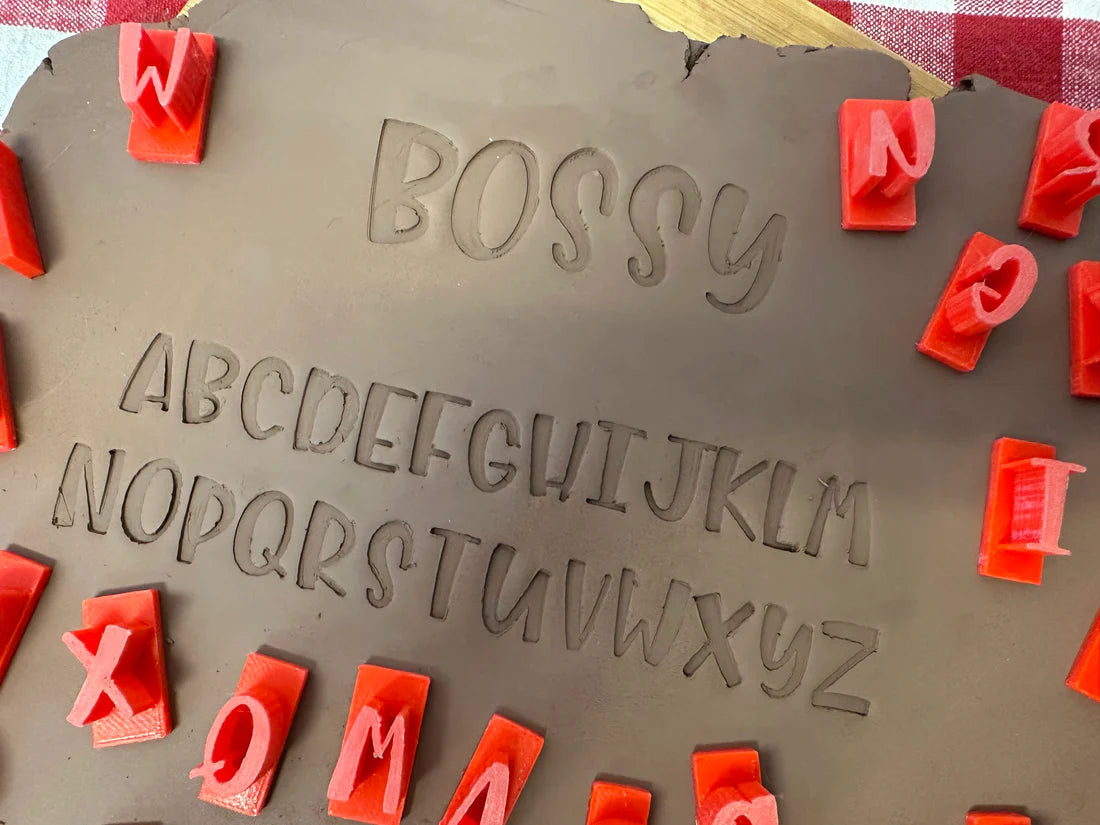 Alphabet Pottery Stamp Set - Bossy Font, alphabet and numbers