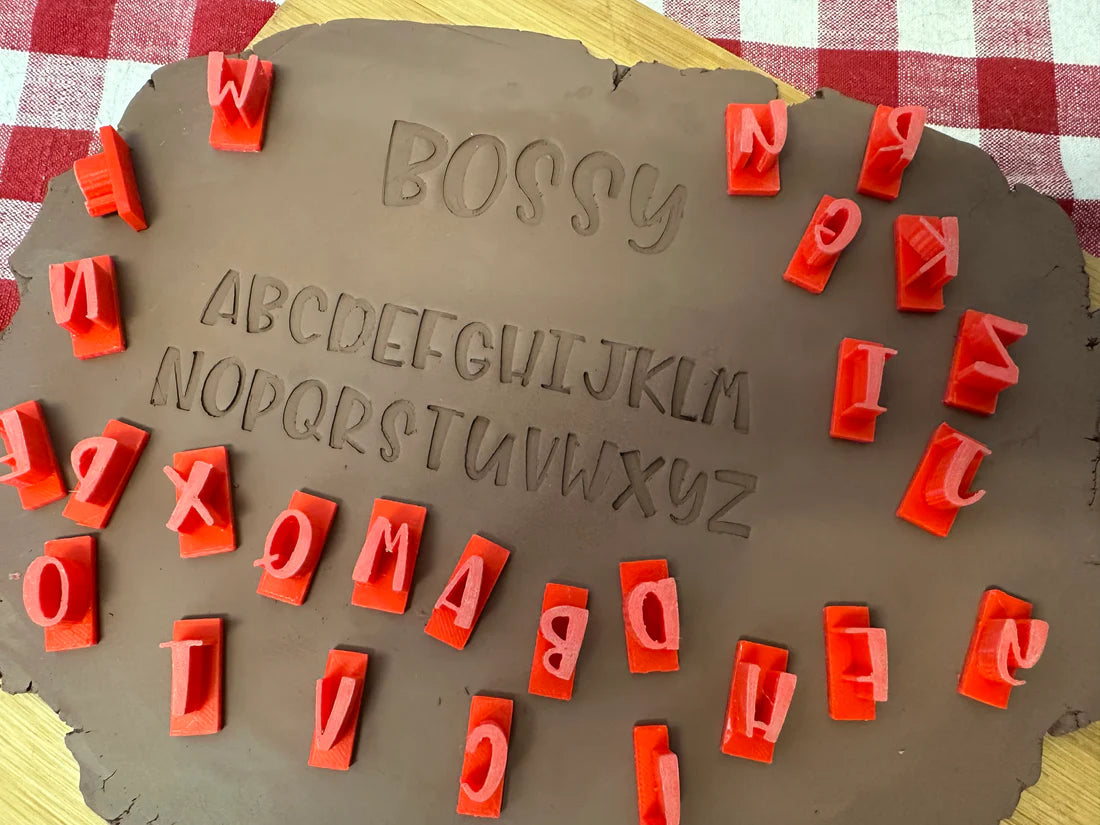 Alphabet Pottery Stamp Set - Bossy Font, alphabet and numbers