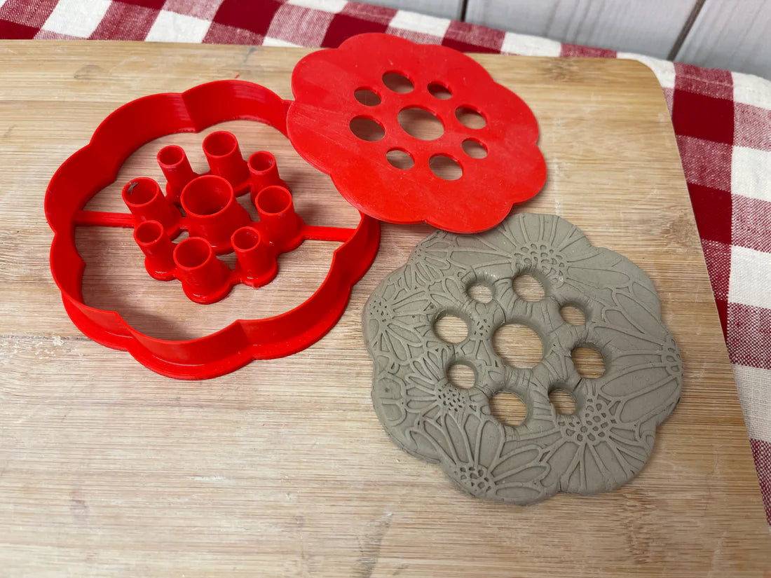 Flower Frog Clay Cutter w/ Press - Scallop Design with Holes or Holes Only Template, Plastic 3d printed (6 scallop, 3.5" diameter, 8 scallop, 4")