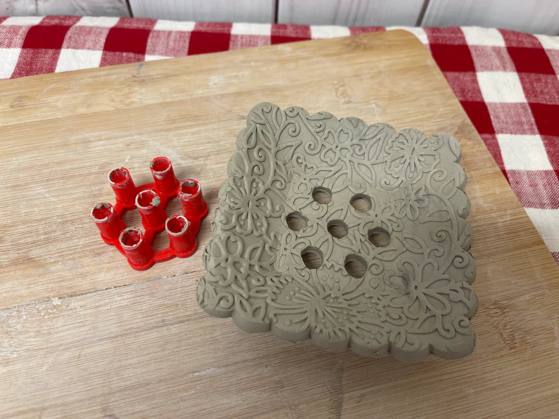 Flower Frog Clay Cutter w/ Press - Scallop Design with Holes or Holes Only Template, Plastic 3d printed (6 scallop, 3.5" diameter, 8 scallop, 4")