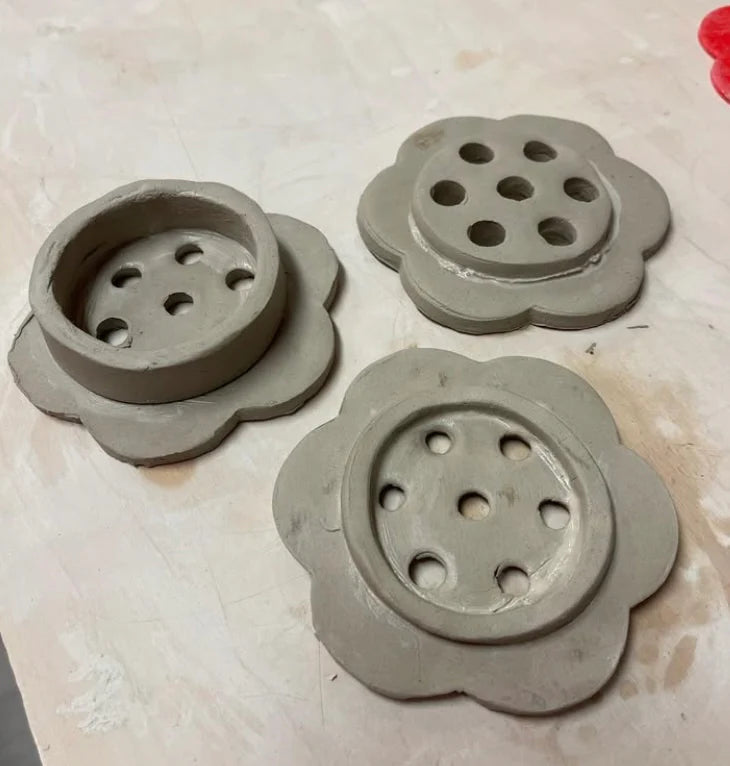 Flower Frog Clay Cutter w/ Press - Scallop Design with Holes or Holes Only Template, Plastic 3d printed (6 scallop, 3.5" diameter, 8 scallop, 4")