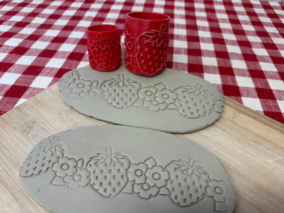 Strawberry and flowers Pottery Roller - Border Stamp, Repeating pattern, Plastic 3d printed (2")