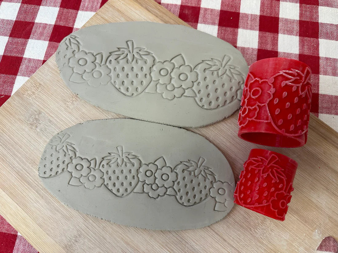 Strawberry and flowers Pottery Roller - Border Stamp, Repeating pattern, Plastic 3d printed (2")
